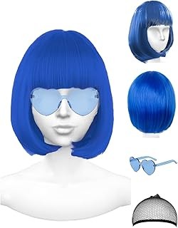 Blue Wig and Party Sunglasses, Color Bob Wig, Cosplay Wigs and Party Wigs, Rainbow Wig with Neon Glasses Blue Wig for Women - Bachelorette Party Wigs Decorations Favors (Blue)
