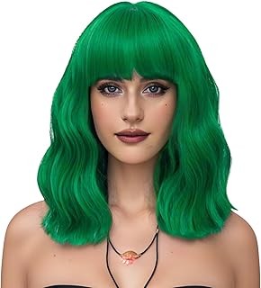 LABEAUTÉ Green Wig Short Bob Wavy Wig with Air Bangs for Women, St.Patrick's Day Wig Heat Resistance Shoulder Length Curled Wigs for Daily Use, Cosplay and Theme Parties- 14inch, Mint Green