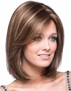 SEVENCOLORS Short Brown Mixed Blonde Bob Wigs for White Women Shoulder Length Synthetic Hair Wigs with Side Bangs Straight Blonde Highlights Women’s Bob Wig